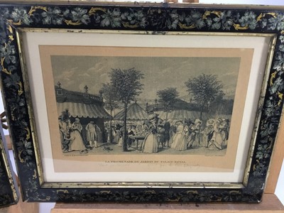 Lot 286 - Pair of late 19th century French black and white prints, promenading figures, in good decorative silvered and gilt ebonised frames, 21cm x 27cm overall