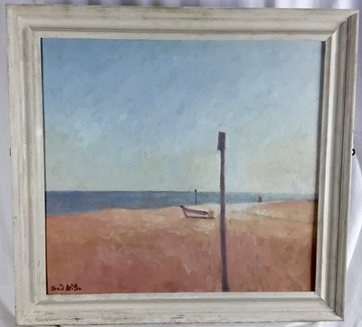 Lot 289 - David Britton, contemporary oil on board in white painted frame - Aldeburgh Beach, 64.5cm - 59.5cm