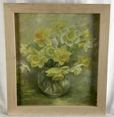 Lot 291 - Jean Douglas, 20th century, pastel on paper - still life of daffodils in a glass bowl, initialled, 42cm x 36cm, in glazed frame