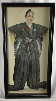 Lot 293 - Pair of antique Japanese paintings on silk - Samurais, in glazed frames, 58cm x 27cm