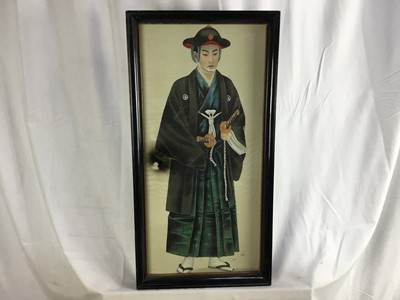 Lot 293 - Pair of antique Japanese paintings on silk - Samurais, in glazed frames, 58cm x 27cm