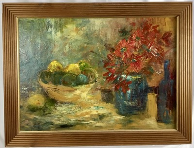 Lot 295 - Two oils on board in frames - still life of fruit and flowers, 46cm x 64cm and 55cm x 77cmm.