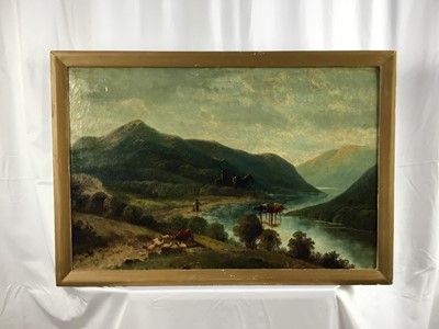 Lot 163 - Late 19th century oil on canvas, Loch scene, 50 x 75cm, in gilt frame, together with a small Victorian watercolour beach scene