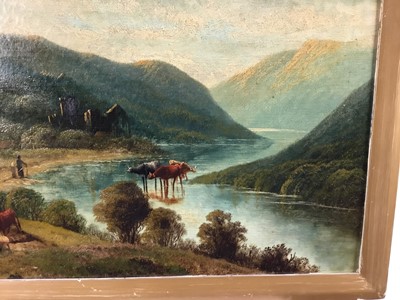 Lot 163 - Late 19th century oil on canvas, Loch scene, 50 x 75cm, in gilt frame, together with a small Victorian watercolour beach scene