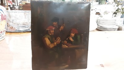 Lot 666 - 19th century Dutch oil on tin panel depicting a tavern interior with figures, together with four other pictures (5)