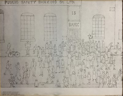 Lot 350 - After L. S. Lowry, limited edition print - 'Bank Failure', published by Adam Collection Ltd in an edition of 550, 30cm x 41cm, mounted, together with another similar 'Outside The Mill', 37.5cm x 28...