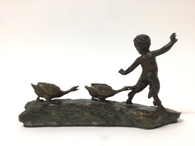 Lot 198 - Ruffino Besserdich - late 19th century bronze sculpture of a faun being chased by geese, signed. 19cm.