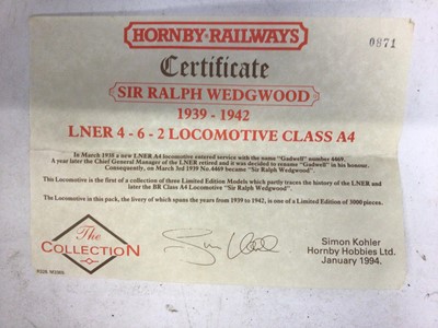 Lot 2008 - Hornby Limited Edition LNER blue 4-6-2 Class A4 locomotive "Sir Ralph Wedgwood" 4469 and tender, plus three wagons, boxed (4)