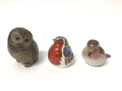 Lot 207 - Royal Crown Derby robin paperweight, Bing & Grondahl bird and Poole pottery owl ornament 7-9 cm (3)
