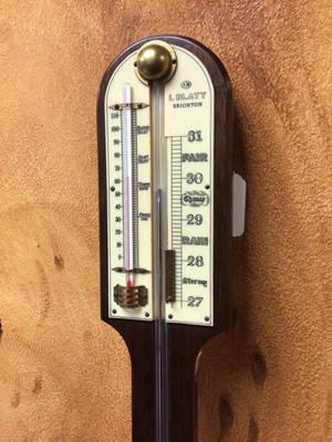Lot 211 - Contempory stick barometer thermometer by Blatt, Brighton with faux ivory scale in mahogany case, 90 cm high