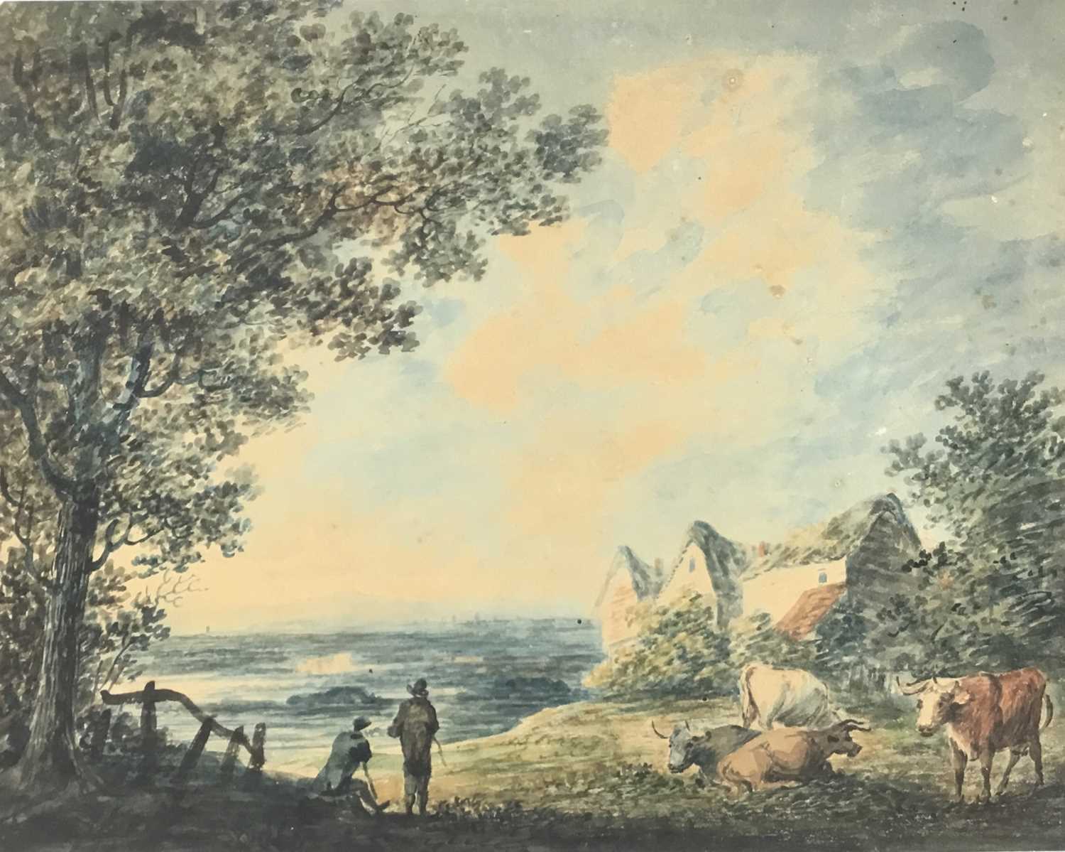 Lot 104 - Attributed to John Robert Cozens, watercolour - extensive landscape with figures and animals, 25cm x 32cm, unframed