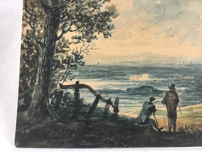 Lot 104 - Attributed to John Robert Cozens, watercolour - extensive landscape with figures and animals, 25cm x 32cm, unframed