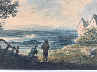 Lot 104 - Attributed to John Robert Cozens, watercolour - extensive landscape with figures and animals, 25cm x 32cm, unframed