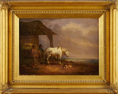 Lot 1088 - Manner of William Shayer (1811-1892) oil on panel - horse drawn cart and driver at rest with a dog asleep nearby, 26cm x 36cm, in gilt frame