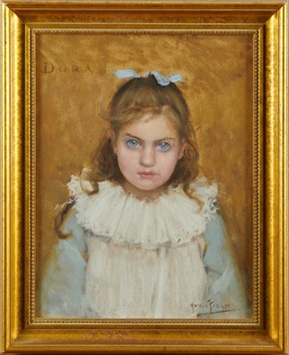 Lot 1124 - Horace Fisher (1861-1934) oil on board - portrait of a young girl, 'Dora', Dorothy Green, signed, labels verso, 34.5cm x 26cm, in glazed gilt frame