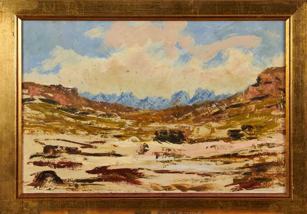 Lot 1147 - *Peter Coker (1926-2004) oil on board - extensive landscape, signed lower left, 40cm x 60cm, framed