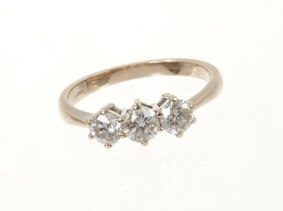 Lot 494 - Diamond three stone ring with three brilliant cut diamonds in claw setting on 18ct white gold shank