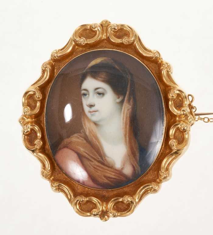 Lot 403 - Good quality 19th century portrait miniature of a lady, in gold brooch mount