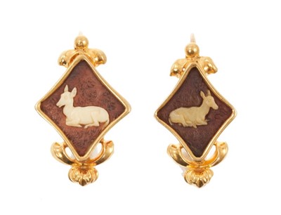 Lot 467 - Pair 19th century gold and carved horn cameo earrings