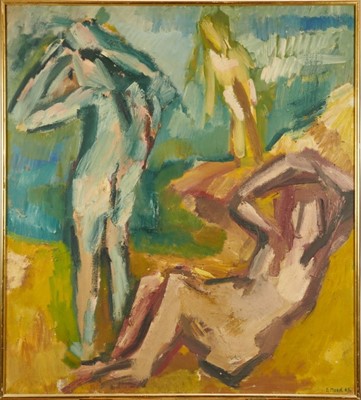 Lot 1150 - Dorothy Mead (1928-1975) oil on canvas - bathers after Cezanne, signed and dated '65, 102cm x 91.5cm, framed