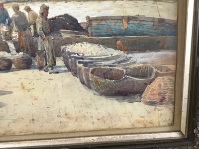 Lot 78 - Ernest Dade (1868-1936) watercolour - Fisherfolk at the Harbourside, signed, 18cm x 23cm, in glazed frame