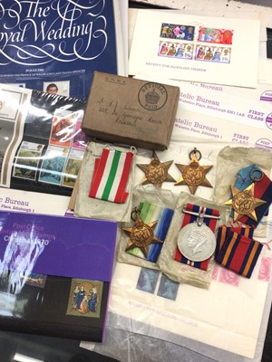 Lot 347 - Group of WWII medals including Burma Star, Italy Star, 1939-1945 Star, Atlantic Star etc, together with stamps and ephemera