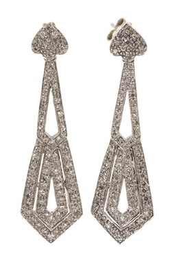 Lot 477 - Pair of Art Deco style diamond pendant earrings with articulated drops with pavé set single cut diamonds in 9ct white gold setting.