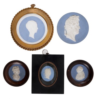 Lot 750 - 19th century Wedgwood style jasperware plaque depicting Prince Antoine, Duc de Montpensier, ormolu rope-twist frame, 15cm diameter, together with four further jasperware portrait plaques. (5)