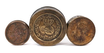 Lot 751 - George IV 1821 Coronation bronze box, 5cm diameter, together with two similar boxes, one celebrating Charles James Fox, the other Ferdinand VII of Spain. (3)