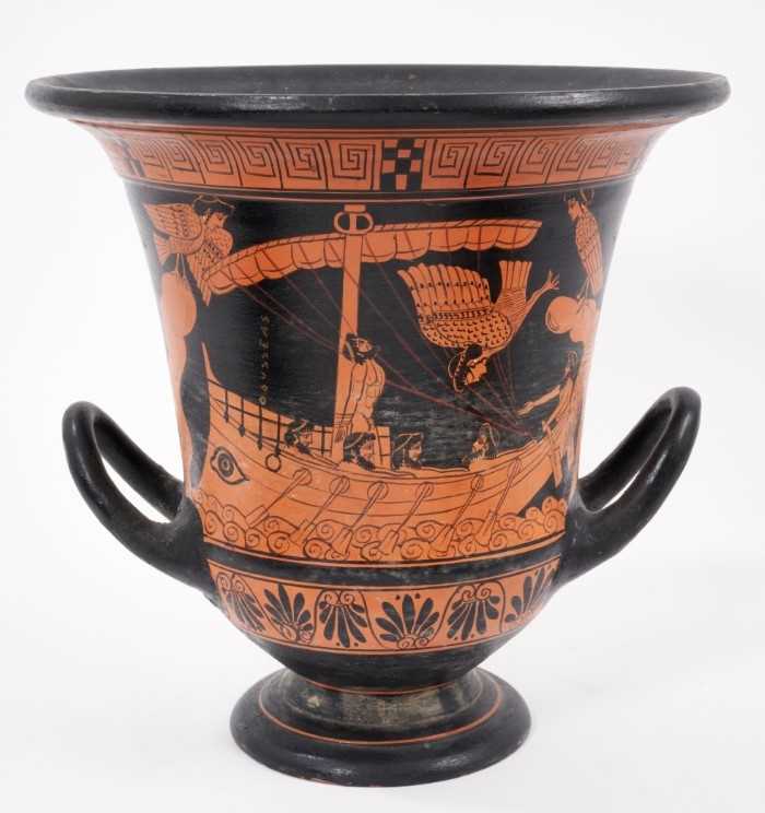 Lot 746 - Classical Revival attic Greek urn, with twin handles and everted rim, painted with scenes from Greek myth, on socle base, 25.5cm high