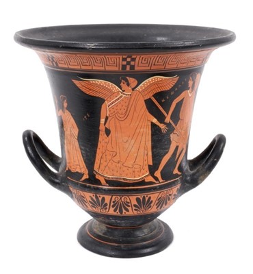 Lot 746 - Classical Revival attic Greek urn, with twin handles and everted rim, painted with scenes from Greek myth, on socle base, 25.5cm high