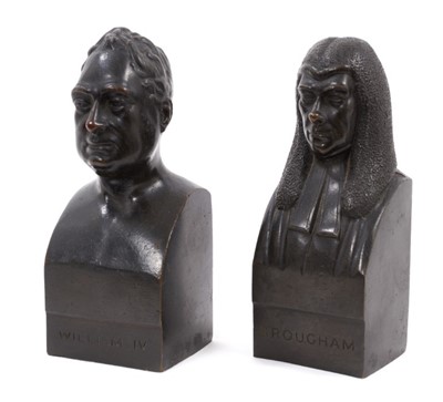 Lot 752 - Pair of 19th century bronze library portrait busts of Lord Brougham and William IV each with publication details for Sam Parker, 1831, 14.5cm high