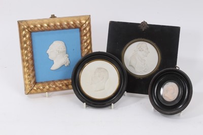 Lot 754 - Berlin white glazed porcelain portrait plaque depicting Frederic the Great, signed and dated to mould 'J G Muller 1786', 8cm diameter, in Papier Mache frame, together with porcelain bust of Louis X...