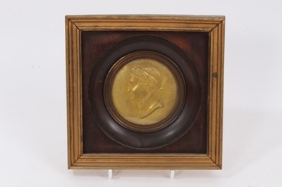 Lot 755 - 19th century gilt copper medallion, depicting Napoleon as a Roman Emporer, by Eugene Morel, in glazed wooden frame, total size 14 x 14cm