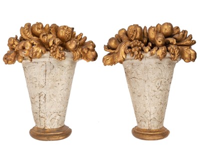 Lot 757 - Pair of late 18th / early 19th century carved and gilt painted basket of fruit and floral dummy boards, 50cm high