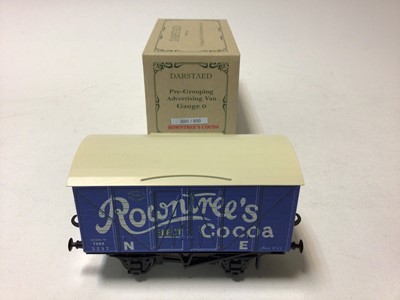 Lot 15 - Darstaed Vintage Style O gauge tinplate advertising Vans including Rowntrees Cocoa, Bass, Melrose Teas & Burgoynes Wines, in original boxes (4)