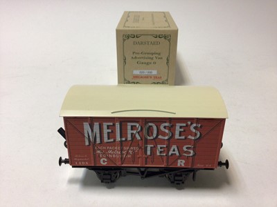 Lot 15 - Darstaed Vintage Style O gauge tinplate advertising Vans including Rowntrees Cocoa, Bass, Melrose Teas & Burgoynes Wines, in original boxes (4)