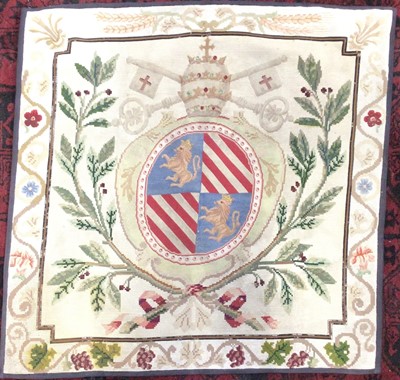 Lot 826 - Tapestry with petit point embroided armorial papal crest within a laurel wreath and foliate border