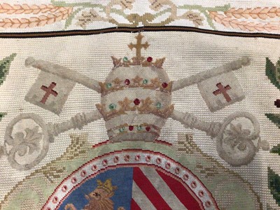 Lot 826 - Tapestry with petit point embroided armorial papal crest within a laurel wreath and foliate border