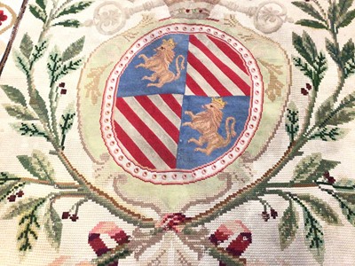 Lot 826 - Tapestry with petit point embroided armorial papal crest within a laurel wreath and foliate border