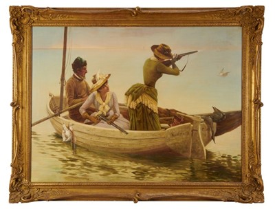 Lot 1172 - Continental School, 19th century, oil on canvas - two ladies shooting from a rowing boat, indistinctly signed, 74cm x 99cm, in gilt frame