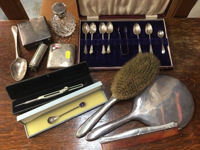 Lot 861 - Silver to include teaspoons and sugar tongs, Georgian tablespoon, glass scent bottle, other dressing table items, Blue John spoon, cigarette case with enamelled pennant and other items