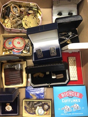 Lot 860 - Various cufflinks including a pair of silver gilt and pair of Rolls Royce, enamelled military badges and pins, boxed coin sets and sundries