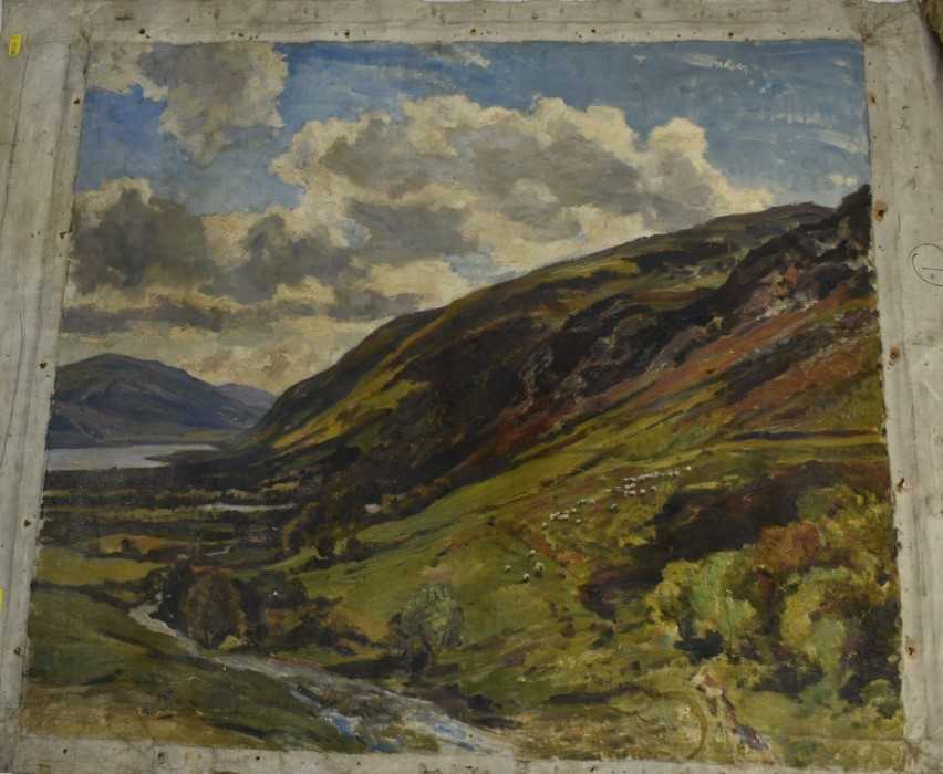 Lot 1100 - Manner of Herbert Hughes Stanton (1870-1937) oil on canvas (unstretched), extensive landscape, 66cm x 76cm