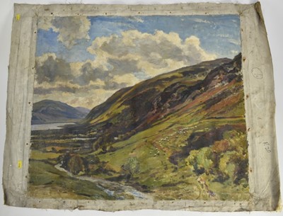 Lot 4 - Manner of Herbert Hughes Stanton (1870-1937) oil on canvas (unstretched), extensive landscape, 66cm x 76cm