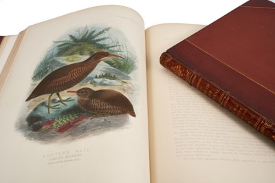 Lot 930 - Sir Walter Lawry Buller - A History of the Birds of New Zealand, the 1905 supplement, Vols. 1 & 2, 12 coloured plates, original half calf binding, folio 39 x 30cm