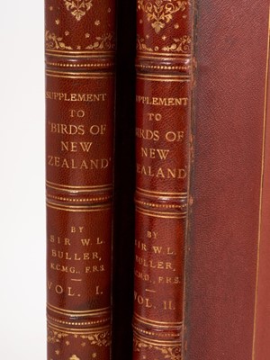 Lot 930 - Sir Walter Lawry Buller - A History of the Birds of New Zealand, the 1905 supplement, Vols. 1 & 2, 12 coloured plates, original half calf binding, folio 39 x 30cm