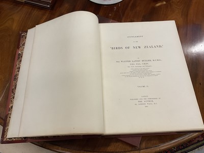 Lot 930 - Sir Walter Lawry Buller - A History of the Birds of New Zealand, the 1905 supplement, Vols. 1 & 2, 12 coloured plates, original half calf binding, folio 39 x 30cm