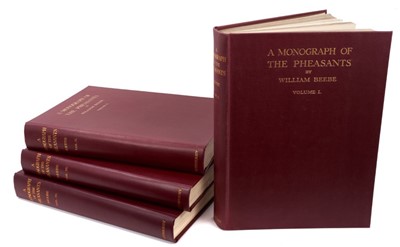 Lot 917 - William Beebe - 'A monograph of the pheasants', published by Witherby & Co, London 1918, first edition, numbered 450 of 600 copies, four vols, red cloth boards, folio, 41 x 31cm