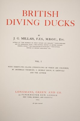 Lot 910 - John Guille Millais - British Diving Ducks, two Vols, 72 colour, collotype or photogravure plates, 1913 first edition, numbered 183 from an edition of 450, good quality half calf rebinding with mar...